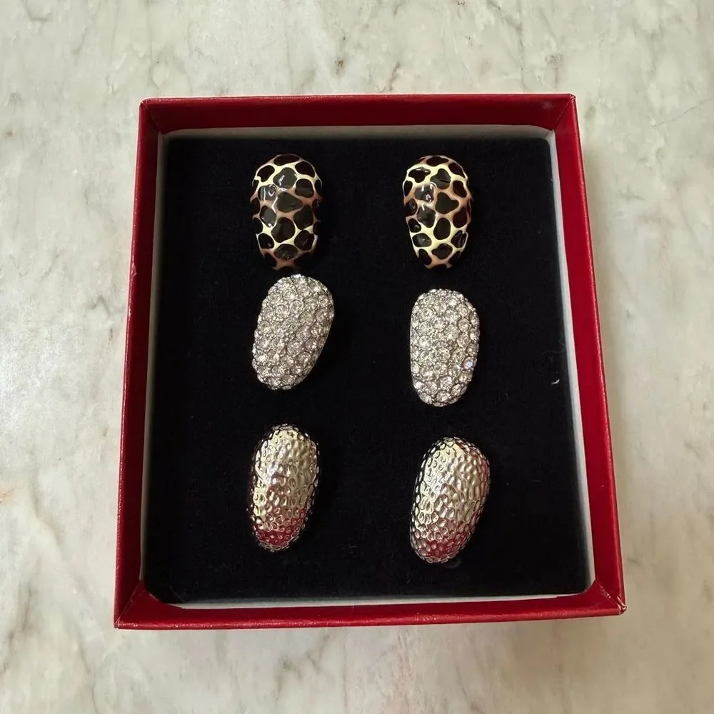KJL Kenneth J Lane Box of 3 Assorted clip on Earrings Chunky Animal Print New